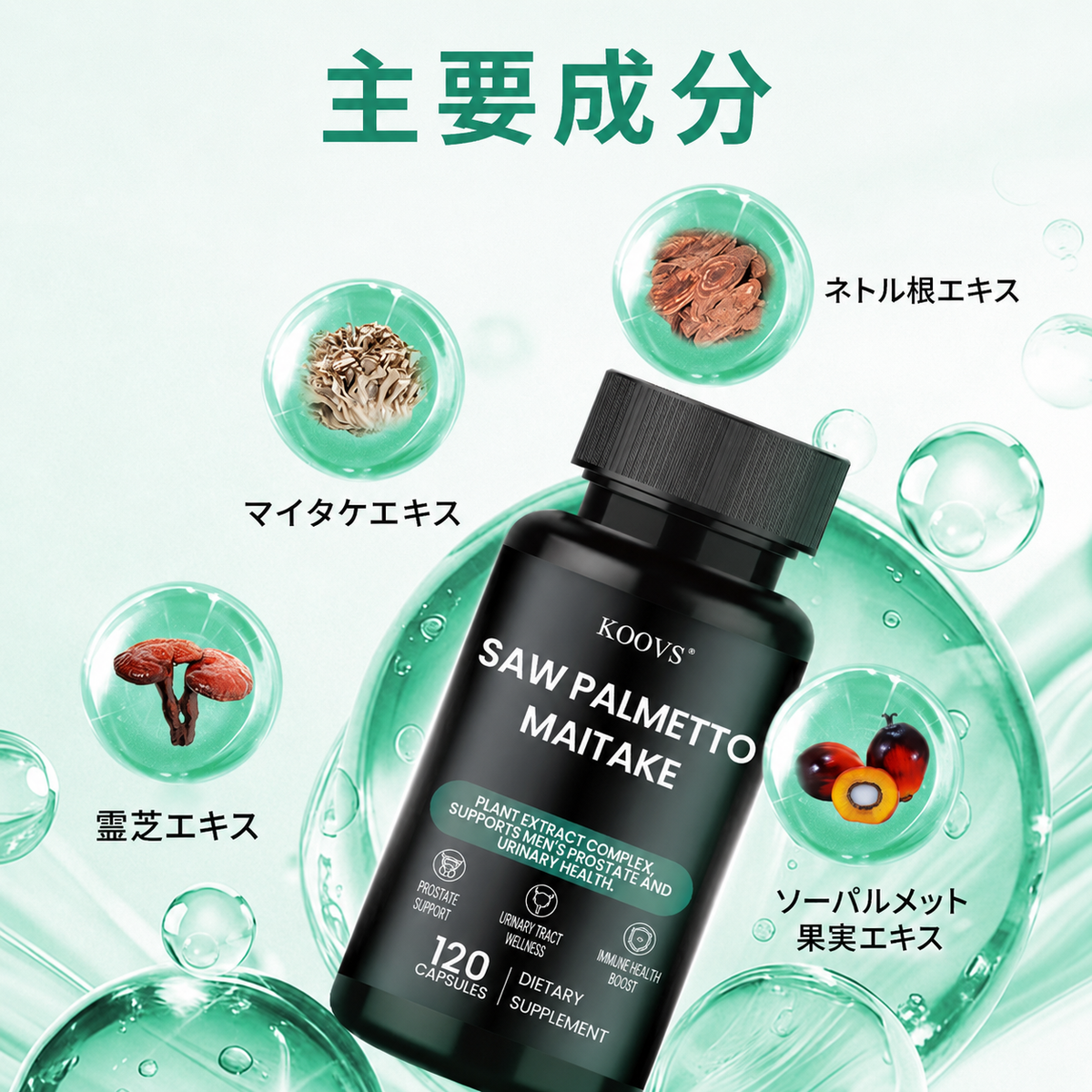 【男性の前立腺・尿路健康をサポート】KOOVS SAW PALMETTO MAITAKE 120カプセル｜ノコギリヤシ・マイタケ・霊芝配合