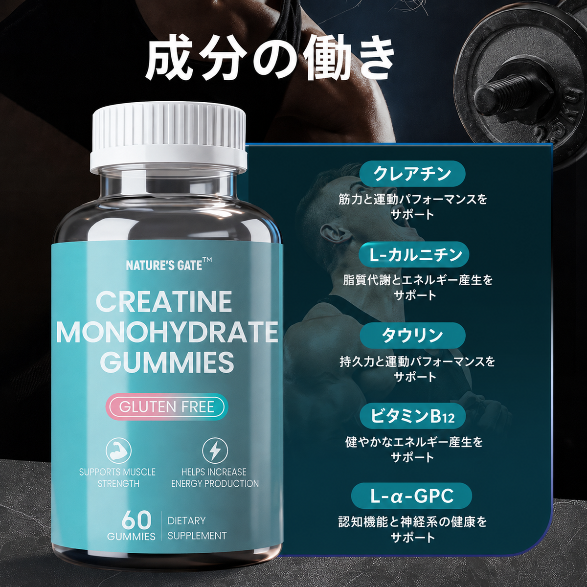 【クレアチンモノハイドレート配合グミ 】グルテンフリー 60粒入り 栄養補助食品