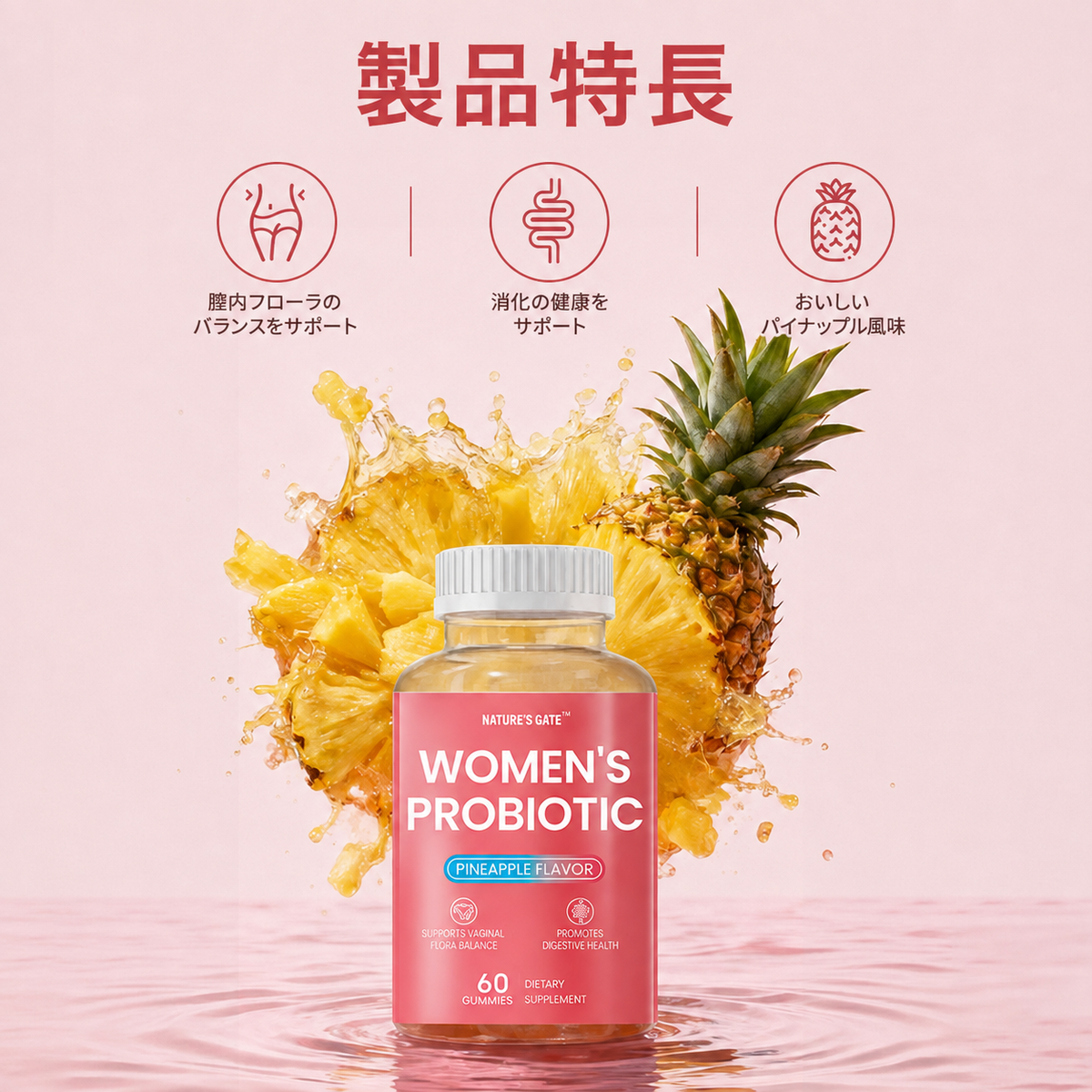 ネイチャーズゲート 女性向けプロバイオティクスグミ 毎日のセルフケアに 🌸 乳酸菌配合で健やかな習慣を応援 🌿 パイナップル風味でおいしく続ける 🍍 1日2粒を目安に手軽なケア ✨ 忙しい毎日に取り入れやすい60粒入り 💗