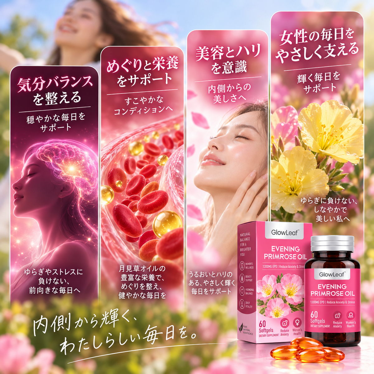 GlowLeaf™ 月見草オイルカプセル 🌸 女性の毎日のバランスケアをサポート ✨ 美容と健康の習慣づくりに 🌿 ゆらぎが気になる方へ 💗 内側から輝く毎日を目指す 🌷 健やかで美しいライフスタイルへ 🌙