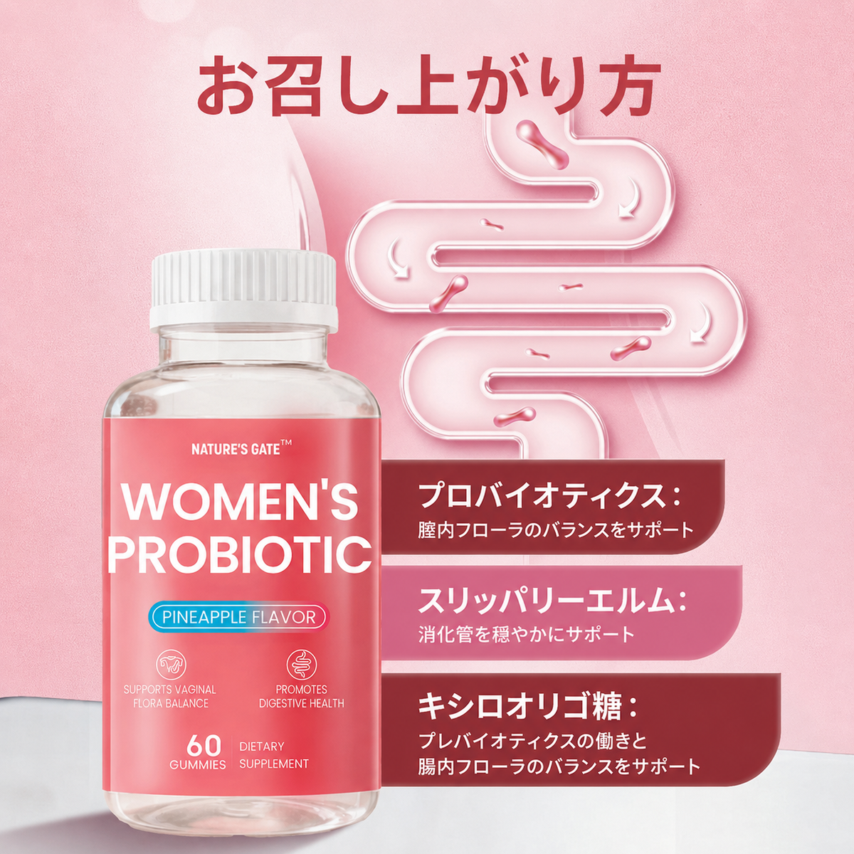 ネイチャーズゲート 女性向けプロバイオティクスグミ 毎日のセルフケアに 🌸 乳酸菌配合で健やかな習慣を応援 🌿 パイナップル風味でおいしく続ける 🍍 1日2粒を目安に手軽なケア ✨ 忙しい毎日に取り入れやすい60粒入り 💗