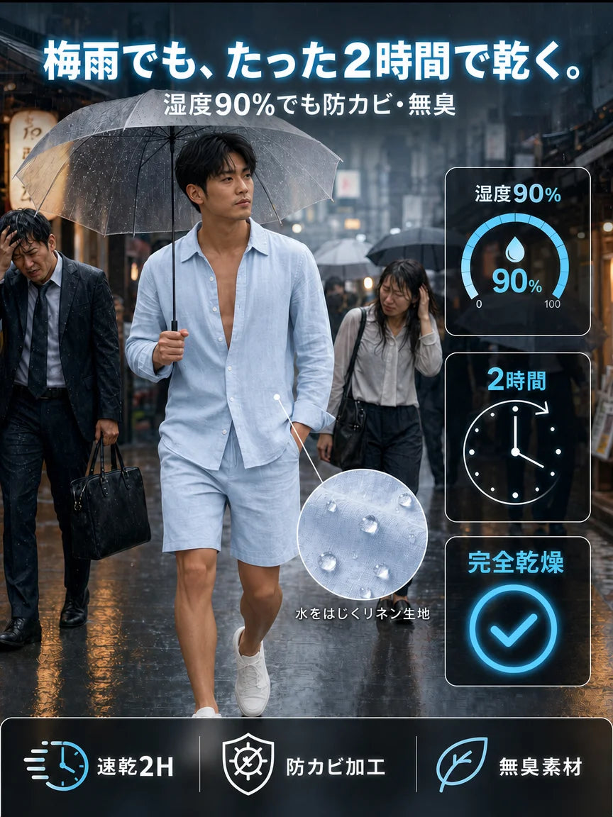 メンズリネン長袖シャツ+ショートパンツセットアップ