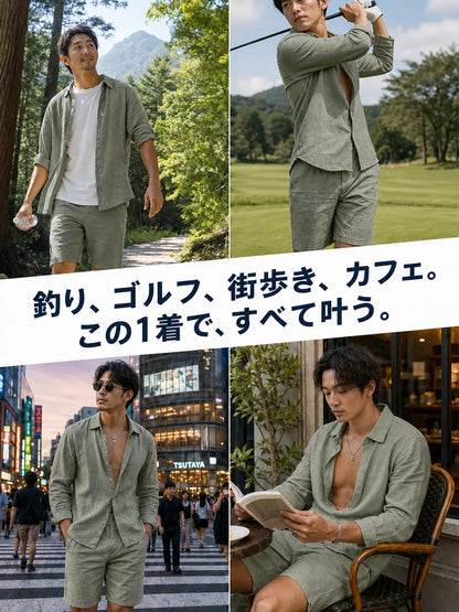 メンズリネン長袖シャツ+ショートパンツセットアップ