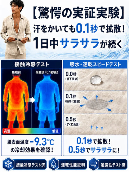 メンズリネン長袖シャツ+ショートパンツセットアップ