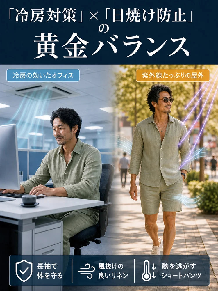 メンズリネン長袖シャツ+ショートパンツセットアップ