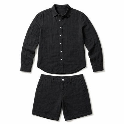 メンズリネン長袖シャツ+ショートパンツセットアップ