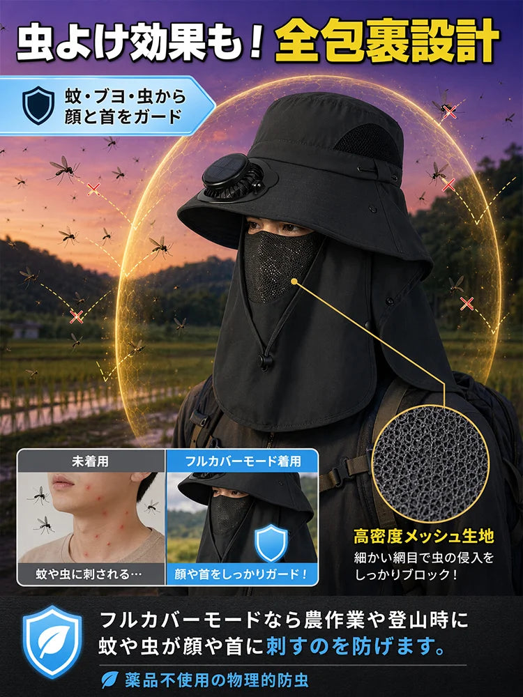 ネックカバー付きソーラーファン搭載UVカットサンハット