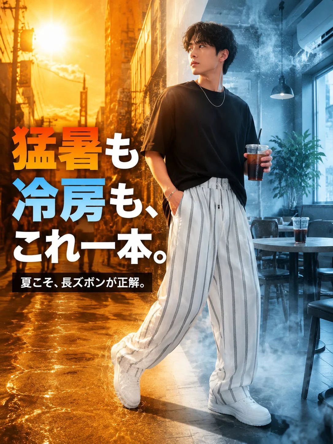 涼しくて通気性抜群のレトロストライプワイドパンツ