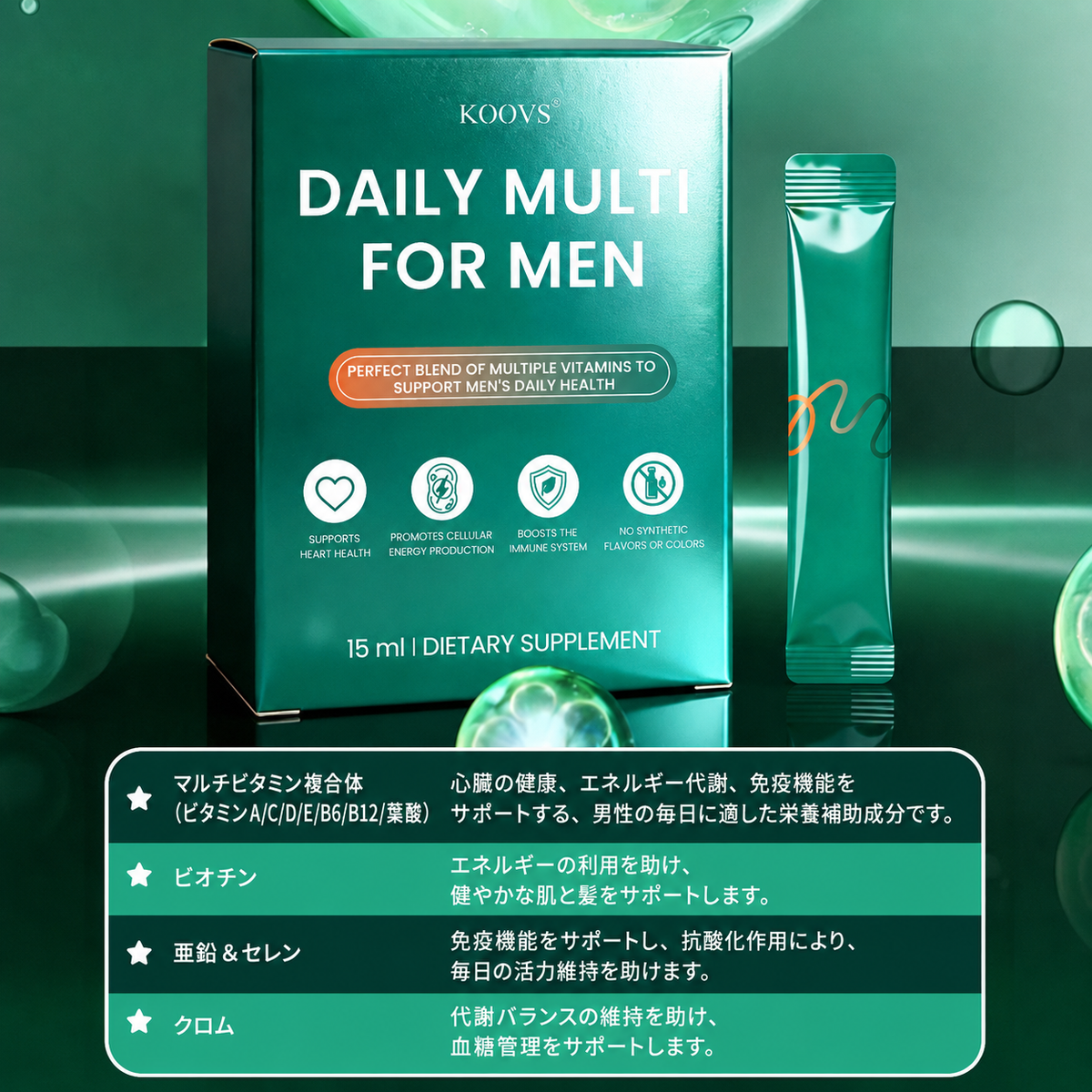 【男性用マルチビタミン】KOOVS DAILY MULTI FOR MEN 15ml｜ビオチン・亜鉛・セレン・クロム配合 栄養補助食品