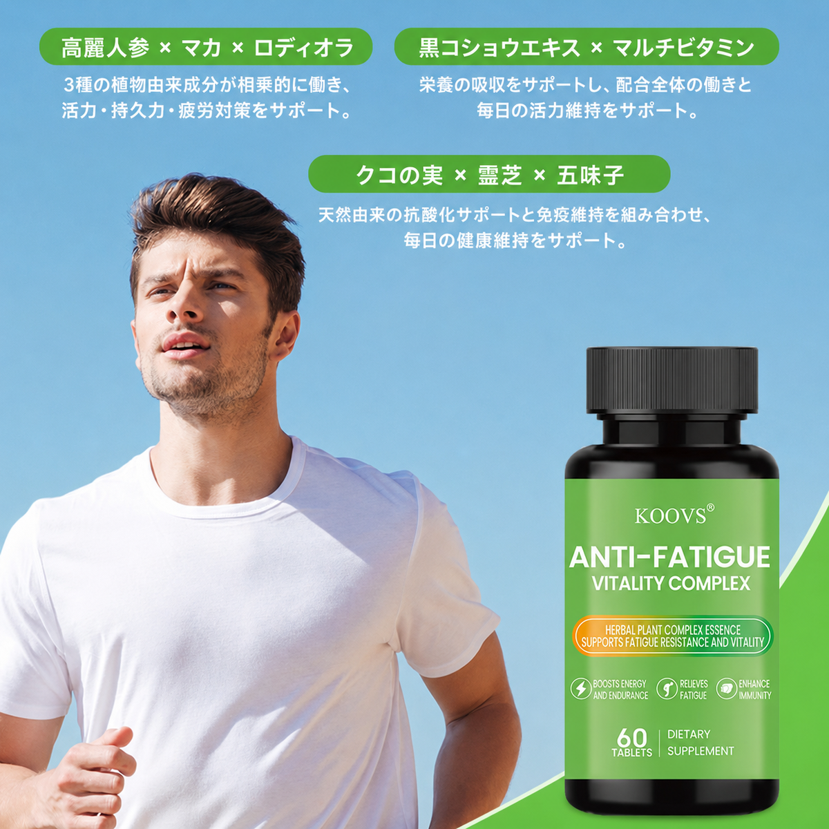 【毎日の活力・持久力をサポート】KOOVS ANTI-FATIGUE VITALITY COMPLEX 60錠｜高麗人参・マカ・ロディオラ配合