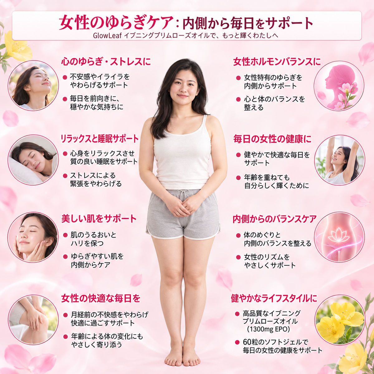 GlowLeaf™ 月見草オイルカプセル 🌸 女性の毎日のバランスケアをサポート ✨ 美容と健康の習慣づくりに 🌿 ゆらぎが気になる方へ 💗 内側から輝く毎日を目指す 🌷 健やかで美しいライフスタイルへ 🌙