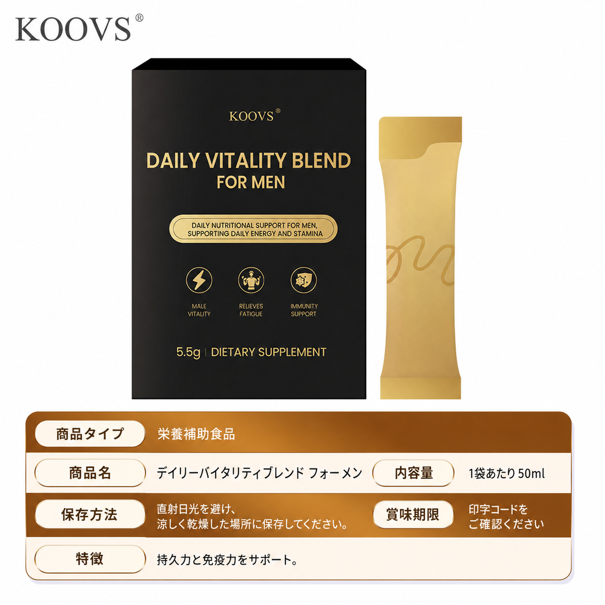 【男性の毎日の活力サポート】KOOVS DAILY VITALITY BLEND FOR MEN 5.5g｜高麗人参・ブラックマカ・L-アルギニン配合