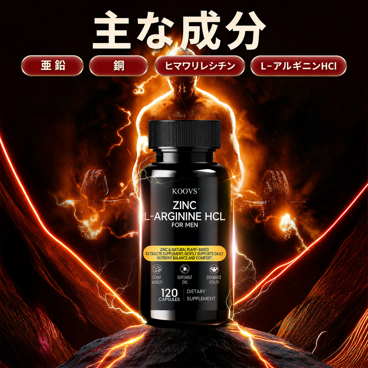 KOOVS 亜鉛・L-アルギニンHCl 男性向け 栄養補助食品 120カプセル